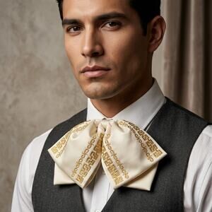 Mexican Embroidered Charro Moño – Traditional Satin Mariachi Bow Tie offwhite